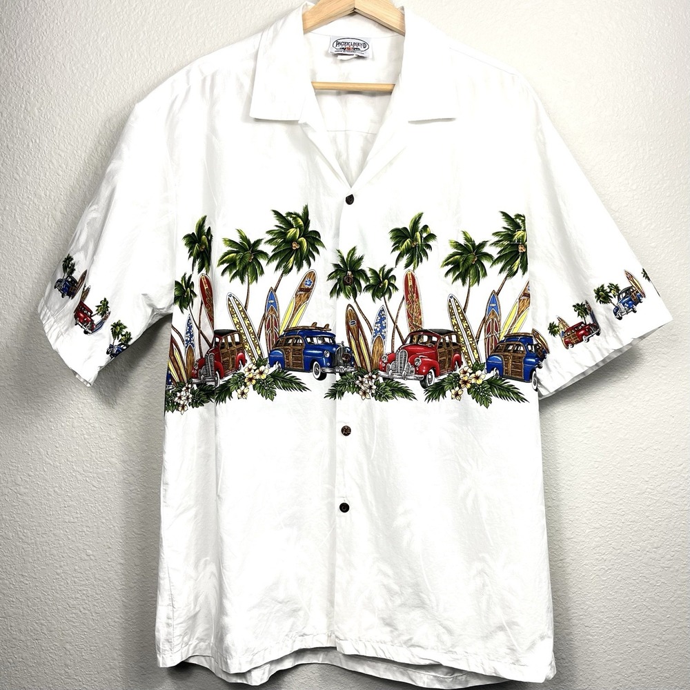 VTG Pacific Legend Hawaiian Surf Hot‎ Rod Cotton Button Down Shirt XL USA Retro